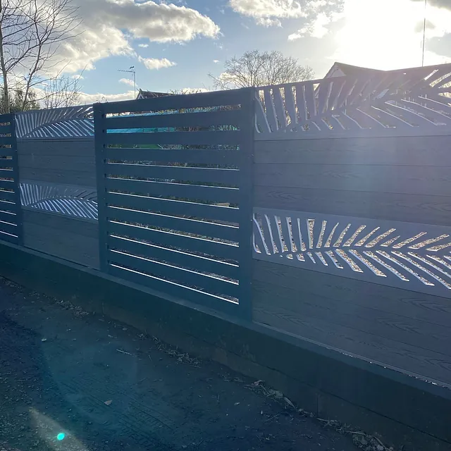 Low maintenance composite decorative fence panel, with painted fence posts